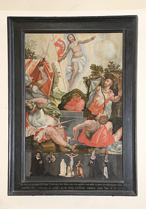 St. Gotthard, Pfarrkirche St. Gotthard, Epitaph mit Auferstehung Christi, Kreuzigung und Stifter Tobias und Rosina Filiey, 1609